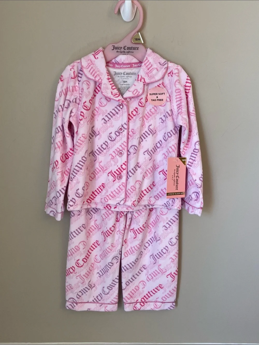 Juicy Couture Pink Logo Fleece Pajama Set for Girls, 18 months, NWT, Soft, Cozy